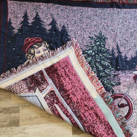 Christmas Sledding Children Woven Victorian Tapestry Throw W/Fringe 68"x49" Gift - Picture 13 of 13